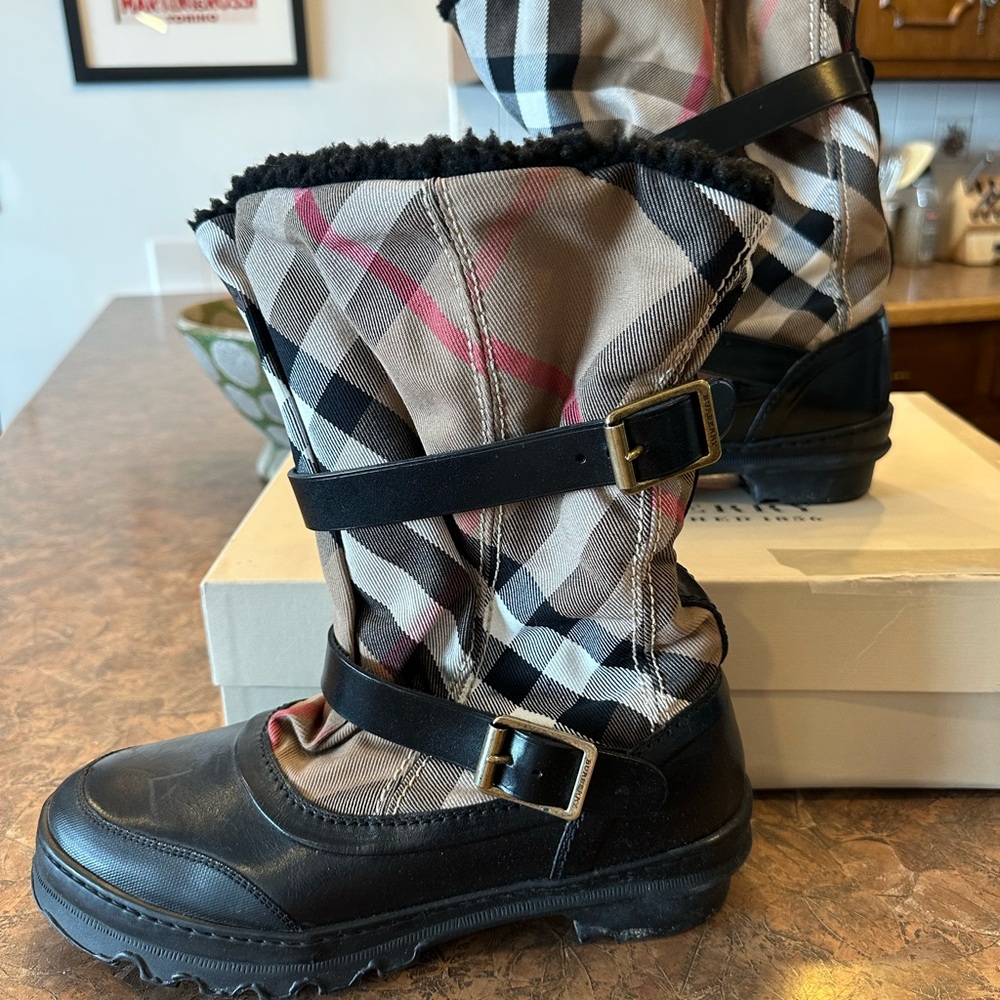 Burberry Black Leather & Beige Plaid Shearling-Trim Boots - Picture 9 of 14
